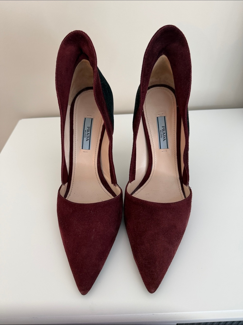 Prada Burgundy and Black Suede Pointed Stiletto Pumps - Picture 2 of 6